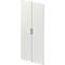 White cabinet doors with vertical, silver handles.