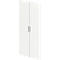 White cabinet doors with silver handles. One door is slightly open.