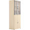 Tall, cream-colored cabinet with glass display cabinet on top and two doors below, silver handles.