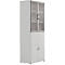 White cabinet with glass doors, silver handles, and metal frame.