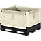 Beige plastic container with black pallet; sidewalls with rectangular openings.