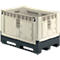 Beige plastic storage container on black pallet. Sides with rectangular cutouts and handles.