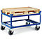 Blue painted trolley with wooden pallet, gray frosted wheels.
