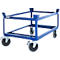 Blue metal transport trolley, with wheels and angular shape. Two wheels with parking brakes.