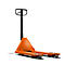 An orange Toyota pallet jack isolated on a white background. The pallet jack has a black tiller and gray rollers.