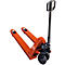 An orange pallet jack pictured against a white backdrop. The handle and wheels are black.