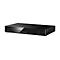 Schwarzer Panasonic Blu-ray-Player vor weißem Hintergrund mit leuchtend roter Power-Leuchte.