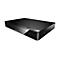 Schwarzer Panasonic Blu-ray-Player von vorne rechts, mit Disc-Fach, Power-LED und USB-Anschluss.