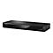 Schwarzer Panasonic Blu-ray-Recorder vor weißem Hintergrund mit leuchtender Anzeige.