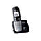 Schnurloses Telefon von Panasonic, silber und schwarz. Auf dem Display steht Panasonic 1234567890.