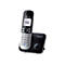 Schnurloses Panasonic-Telefon mit Ladestation in Schwarz und Silber.