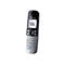 Schwarzes und silbernes Panasonic DECT-Schnurlostelefon auf weißem Grund.
