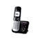Schwarzes Panasonic Schnurlostelefon mit silberner Tastatur und Basisstation mit Anrufbeantworter.