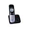 Schwarzes Panasonic DECT-Telefon mit silberner Tastatur auf einer Basisstation mit Anrufbeantworter.