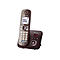 Dunkelbraunes schnurloses Panasonic Telefon mit Basisstation vor weißem Hintergrund.