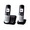 Zwei Panasonic DECT-Telefone mit Basisstation vor weißem Hintergrund.