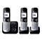 Drei silberne Panasonic DECT-Telefone, eines davon auf einer Basisstation mit Anrufbeantworter.
