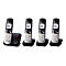 Vier silber-schwarze Panasonic DECT-Telefone mit Basisstation vor weißem Hintergrund.