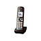 Schnurloses Telefon auf einer Ladestation, Display mit Panasonic-Logo und Telefonnummer. Graue Tasten.