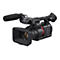 Schwarzer Panasonic 4K Profi-Camcorder mit aufgesetztem Richtmikrofon vor weißem Hintergrund.