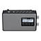 DAB+ Radio von Panasonic. Graues GehÃ¤use, schwarze Bedienelemente und Display. Im Display ist der Radiotext 'Radio Panasonic Love Song' zu sehen.