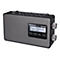 Ein schwarzes Radio von Panasonic mit silberfarbenem Lautsprechergitter und Display. Auf dem Display steht Radio Panasonic Love Song.