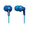 Zwei blaue In-Ear-Kopfhörer mit Panasonic-Logo. Der rechte Kopfhörer liegt im Profil.
