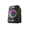 Schwarzer Panasonic Lautsprecher mit leuchtendem, buntem RGB-Lichtring hinter dem Frontgitter.