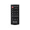 Télécommande Panasonic noire avec boutons, tels que marche/arrêt, bluetooth, volume, sourdine et options de menu, sur fond blanc.