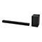 Schwarze Soundbar mit einem separaten, vertikalen Subwoofer vor einem weißen Hintergrund.