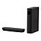 Schwarze Soundbar und Subwoofer vor weißem Hintergrund. Die Soundbar ist flach und länglich, der Subwoofer hoch und rechteckig.