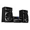 Schwarze Stereoanlage mit zwei Lautsprechern und einem CD-Player. Blaue Akzente. Panasonic-Logo.