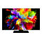 Flacher OLED-Fernseher mit einem lebendigen, abstrakten Farbgemälde auf dem Display vor schwarzem Hintergrund.