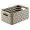 Panier rectangulaire tressé beige clair avec poignées.