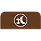 Rectangle marron aux coins arrondis, avec un cercle blanc au milieu contenant un symbole de pomme et de banane.