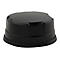 Schwarzes, zylindrisches Objekt mit abgeflachtem Deckel. Runde Basis, glänzende Oberfläche.