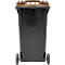 Contenedor de basura negro con tapa marrón y dos ruedas.