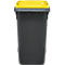 Contenedor de basura gris oscuro con tapa amarilla. El contenedor está en posición vertical.