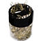 Clear glass jar with gold paper clips, black lid.