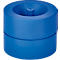 Blue, cylindrical object with a central elevation. A round recess at the top.