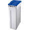 White trash can with blue lid.