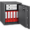 Open, grey safe with binders labeled Finance, Budget, Planning, Insurance, Education, Certificates, Taxes.