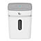 White paper shredder with grey lid. Viewing window for fill level. Buttons on top and HP logo.