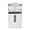 White paper shredder with open lid and paper inserted. The HP logo is visible.