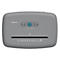 Gray paper shredder, top: 'OneShred 12CC', three buttons, an inlet slot. Icons below.