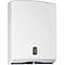 White paper towel dispenser with rounded top. Paper towels are visible below the gray button.