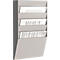 Gray wall-mounted literature holder with 5 compartments, filled with papers.