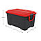 Eine schwarze Aufbewahrungsbox mit rotem Deckel und Griffen. Sie wird mit Maßangaben versehen, um die Größe zu verdeutlichen.