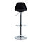 Black bar stool with chrome frame. Seat is oval. Footrest and round foot.