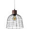 Hanglamp met zwarte draadkooi, houten opzetstuk en gloeilamp.